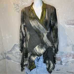 Ania A vintage open front asymmetrical cardigan, S green brown, earthy,